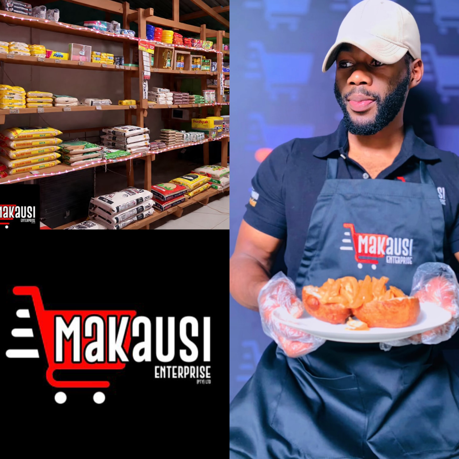 Makausi Enterprise brand collage: stocked shelves, the logo and the director serving food